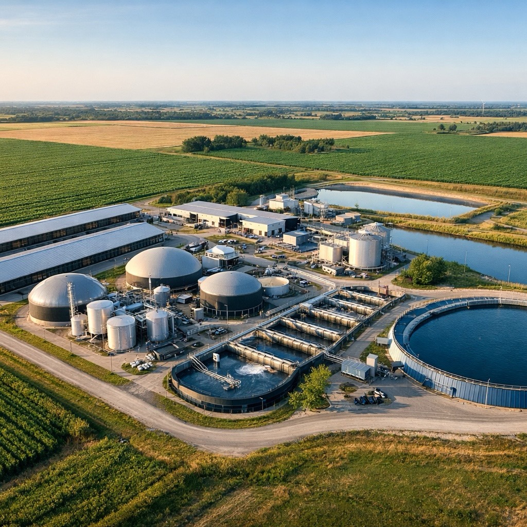 Modern regenerative agri-food facility showing circular production infrastructure with water recycling, controlled processing areas, and adjacent cropland.