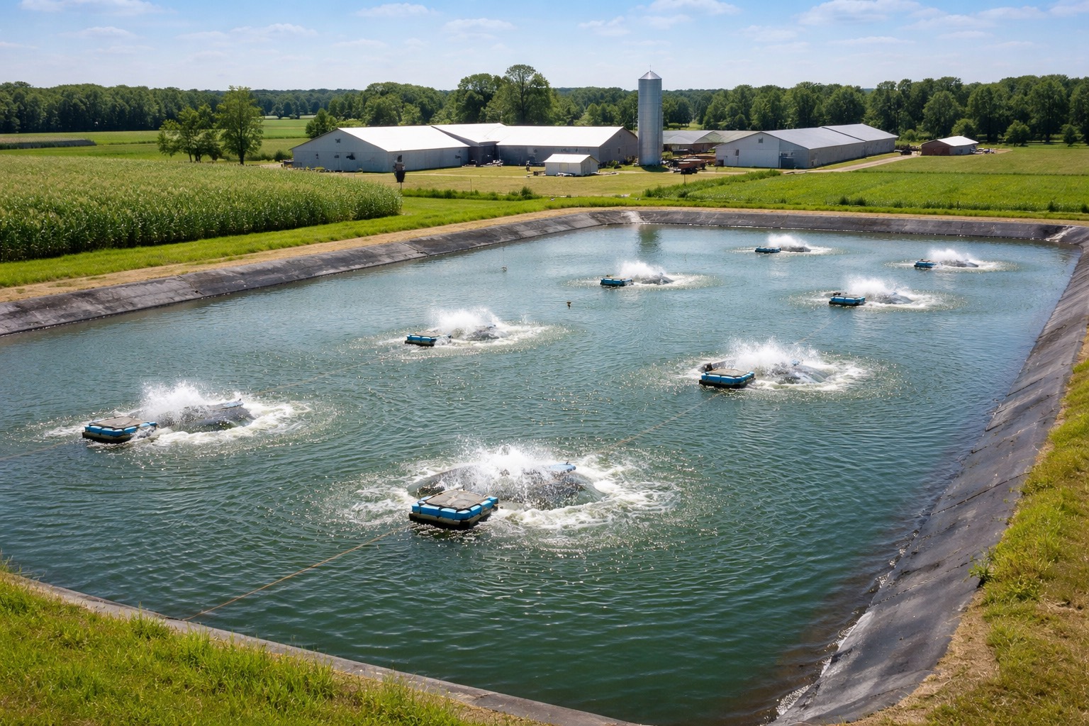Aerial view of an aerobic manure lagoon with floating oxygenation and circulation systems demonstrating proven, independently validated performance of Enviro.Farm’s RIBC&trade; technology.